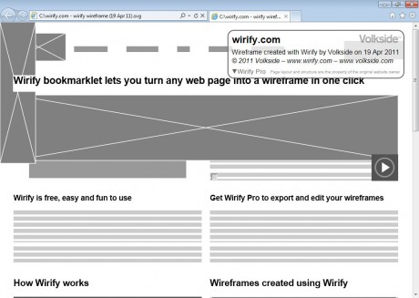 Internet Explorer 9 with wireframe exported as SVG using Wirify Pro