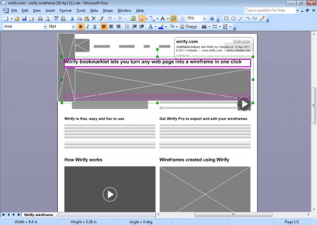 Microsoft Visio with wireframe exported using Wirify Pro